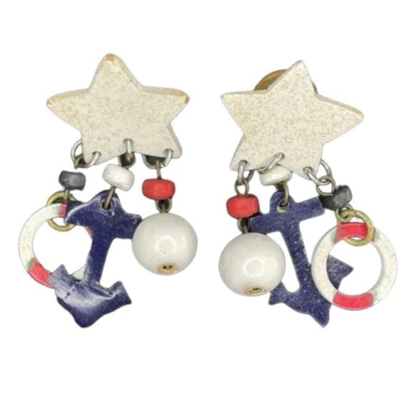 Vintage 80s Nautical Earrings Red White Blue Wood Dangle Pierced Anchor Sailor - Picture 1 of 4
